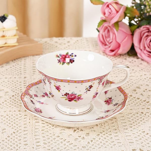 1pc vintage british floral porcelain tea cup and saucer set - elegant light pink &  , 7.4oz large capacity,   china   tea set with decorative saucer, ideal gift for housewarming, wedding, birthday, mother s day, christmas - dainty floral pattern, delicate  , translucent & thermal insulation,   tea bags &  , vintage tableware for everyday use, cups for tea, teacup Product details 4
