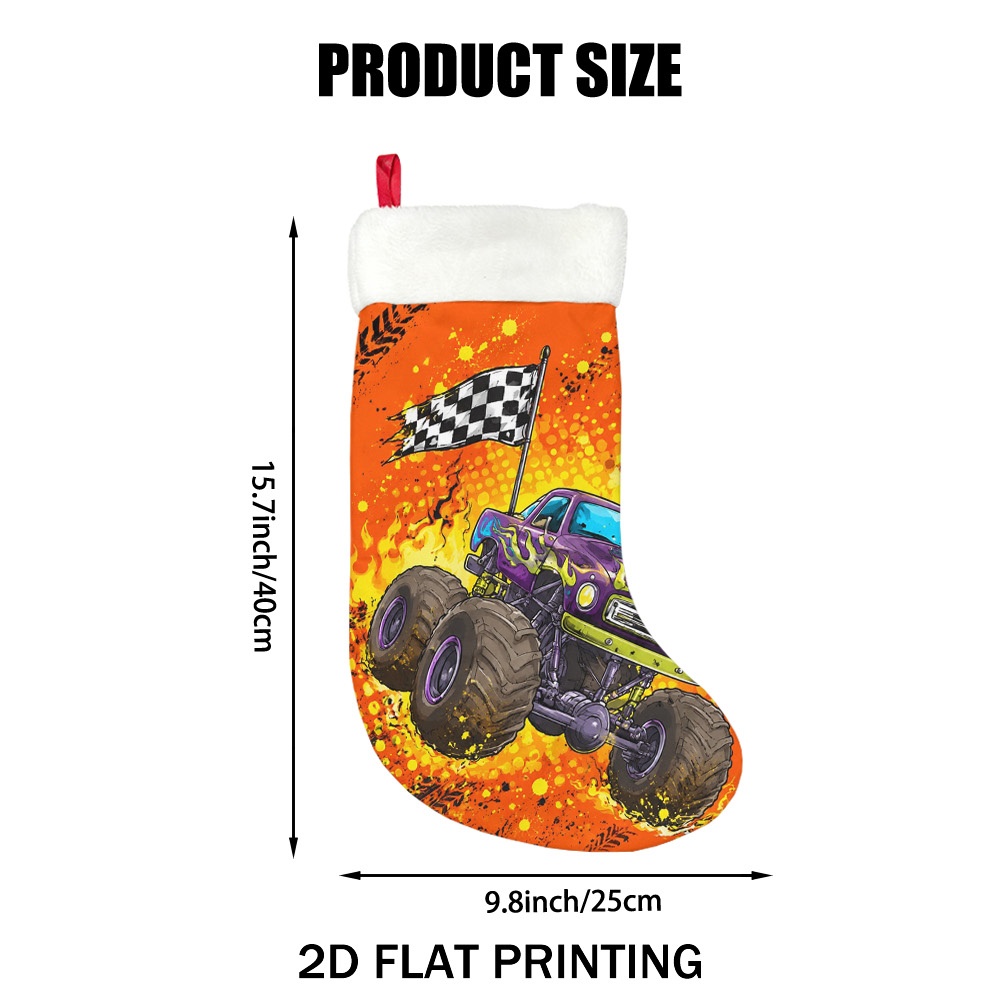 TEMU 1pc Racing Monster Truck Christmas Stocking Decoration - Durable Hanging Sock With Truck, Suitable For Xmas Parties, Gift Holder For Mantel,