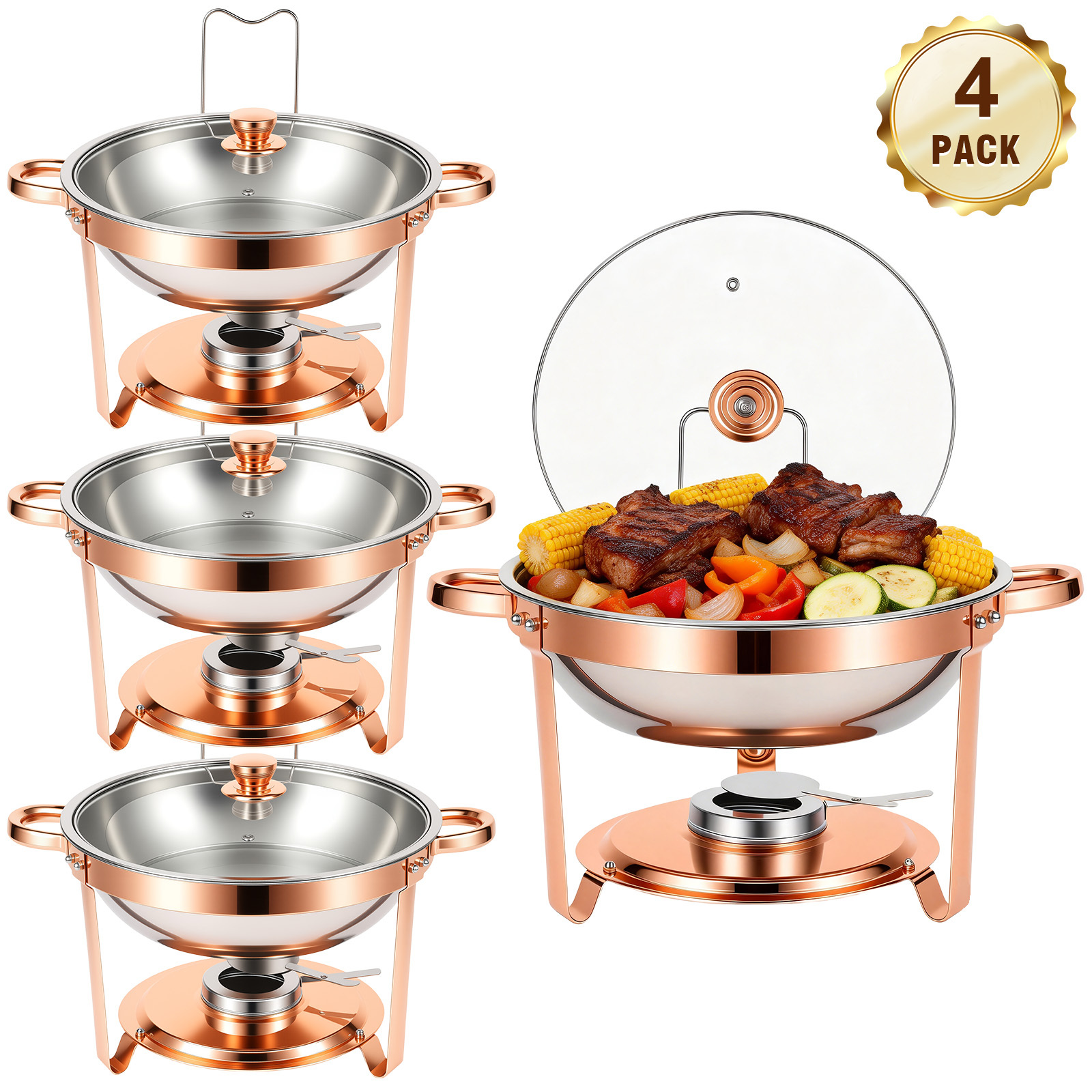 Image of 2/4/6 Pack Rose Golden Chafing Dishes For Buffet, 408 Stainless Steel Chafing Dish Buffet Set, Full Size Pan, Rolled- Food Warmers For Parties, Buffet, Wedding, Birthday, Camping, Cooking