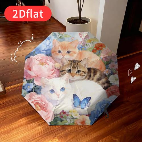 a cute cat and flower folding umbrella exquisite watercolor print design of cats and colorful flowers using a durable canopy durable plastic and iron materials suitable for travel commutes casual daily use and a holiday gift for cat lovers