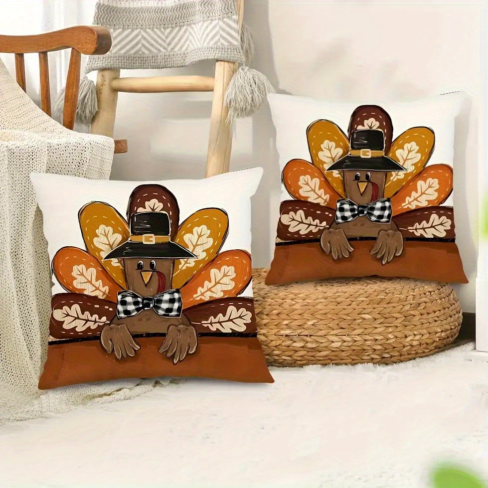 TEMU Single-sided 2pcs Thanksgiving Turkey Pillowcase Autumn Maple Leaf Decoration Zipper Closure Machine Washable Sofa Pillowcase Cover Single-sided Print No Decoration Fabric