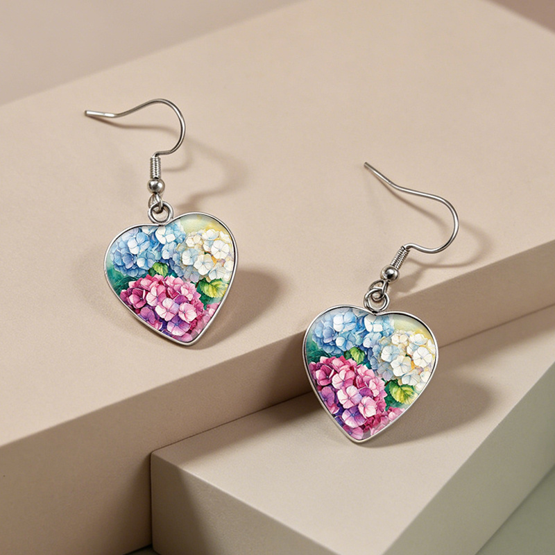 Multicolor Hydrangea Art Heart Shape Dangle Earrings