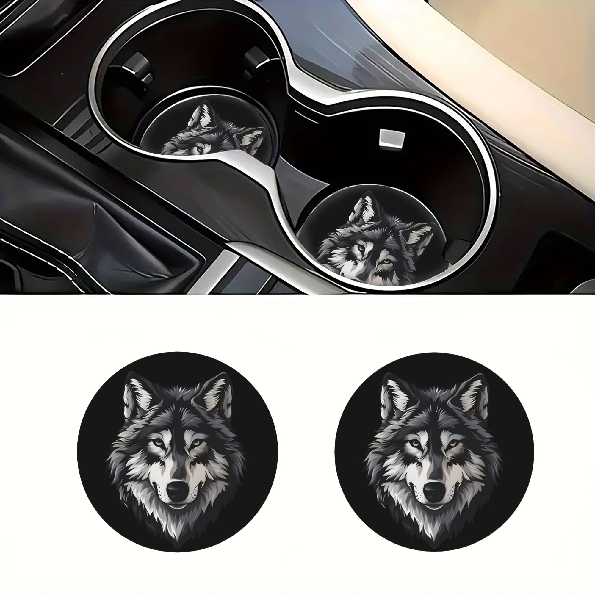 TEMU 2pcs Black & White Realistic Wolf Head Edgy Pattern Car Cup Coasters Non-slip Cup Holder Mats (unisex) Universal Vehicle Accessories Interior