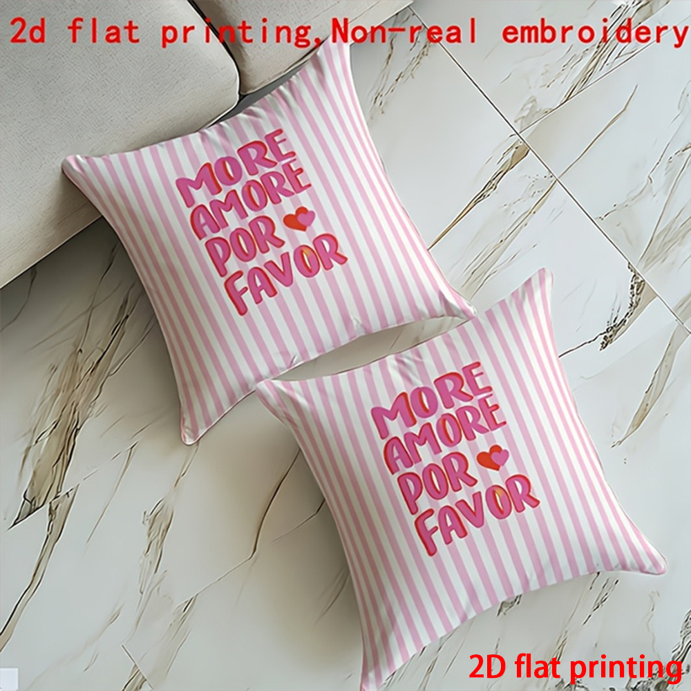 TEMU 2pcs-2d Flat Printing, Pink Stripe More Amore Decorative Throw Pillow Cover, Home Garden Sofa Bed Decoration Cushion Cover, Gift, Suitable For ,