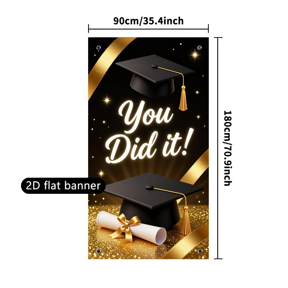 TEMU 2d Flat, 2d Flat - 2d Flat, 2d Flat - 1pc Graduation Party Porch Banner "" Design, Featuring Graduation Cap, Scroll And Sparkling , Durable