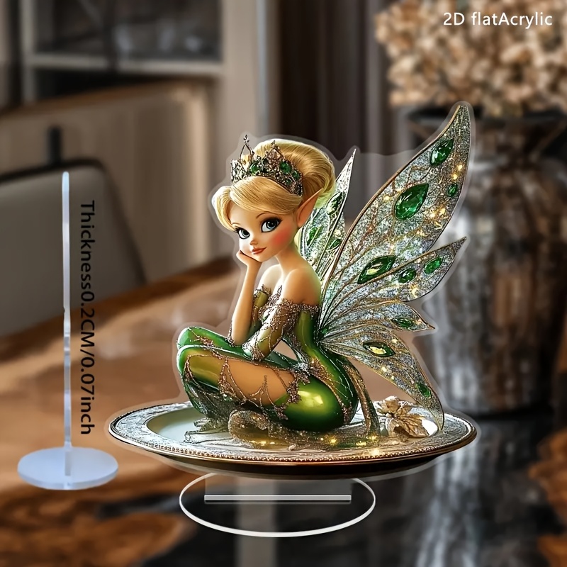 TEMU 2d Flat, 2d Flat Bohemian Fairy Princess Ornament - Green & Golden Acrylic Desktop Decoration Suitable For Indoor/outdoor, Tabletop Shelf Decor,