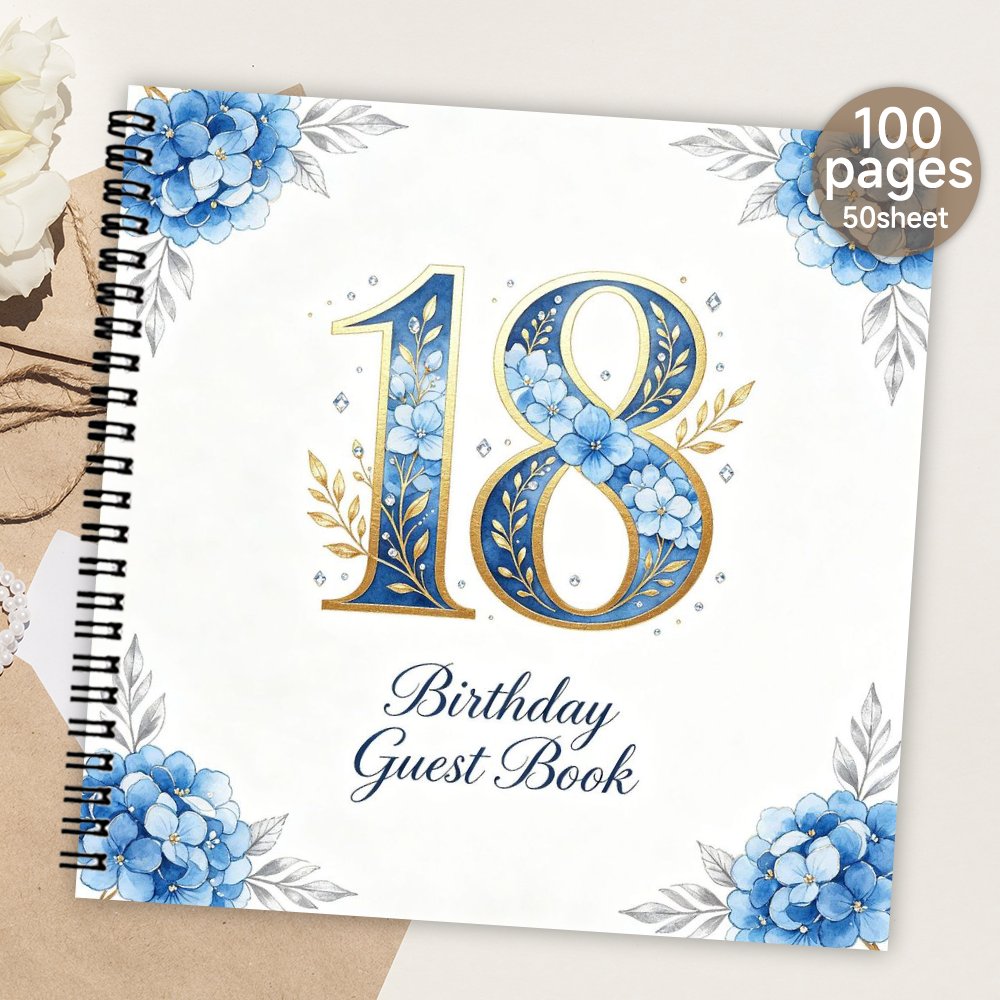 TEMU 1pc Spiral Guestbook, 18th Birthday Blank Page Guest Book, Message & Signature Book With Blue Golden Hydrangea Decor, Meaningful Souvenir Album