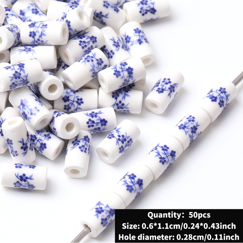Cute Ceramic Decal Cylindrical Beads, 20pcs Set for DIY