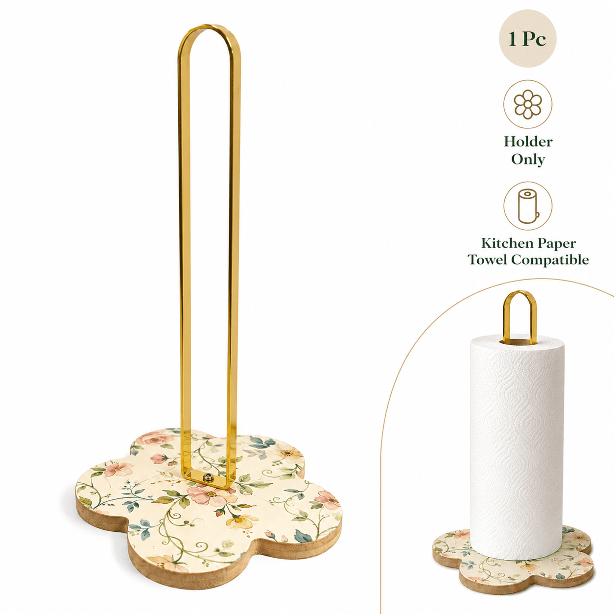 TEMU 1pc Vintage Floral Iron Kitchen Paper Towel Holder For Home Countertop Stable Golden Decorative Base Compatible With Kitchen Rolls And Daily