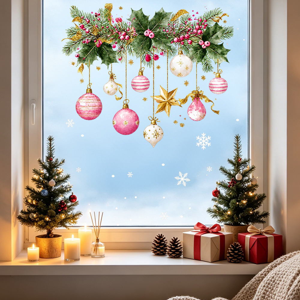 TEMU 1 Set Of Christmas Pine Branch And Colored Ball Window Decals, Featuring Watercolor Hanging Balls, Holly Leaf Pine Branches, Berry Bows With
