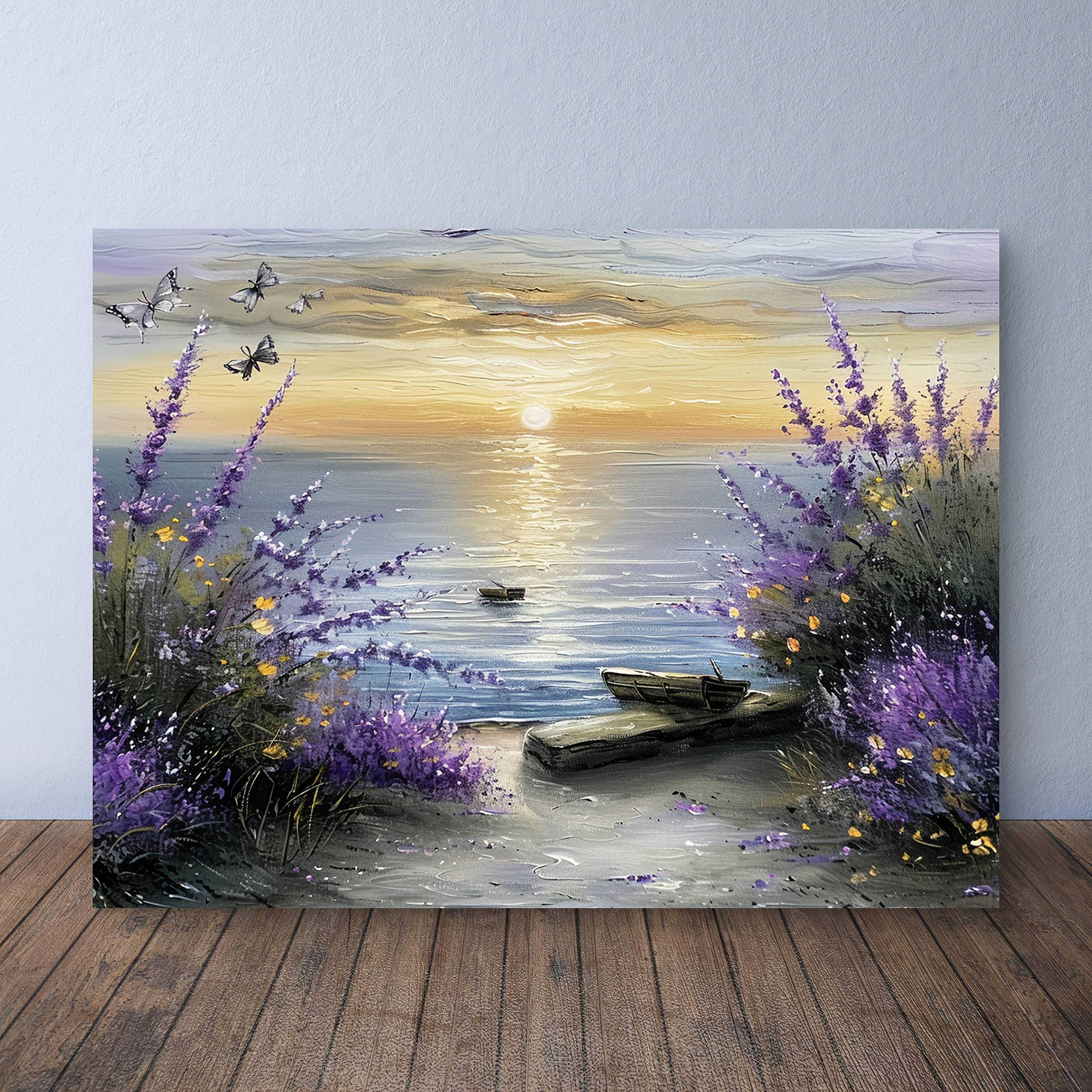 TEMU 2d Flat, Rustic Wood Framed Lavender Sunset Canvas Wall Art - Wrap-around Framed Suitable For Living Room, Bedroom, Office Decor - Painting With