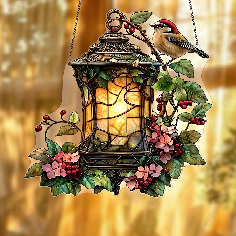 

Robin & Lantern Light - 8"x8" Stained Plastic, Vibrant Garden, & Home Decor With Floral Accents | Perfect Birthday Or Holiday Gift