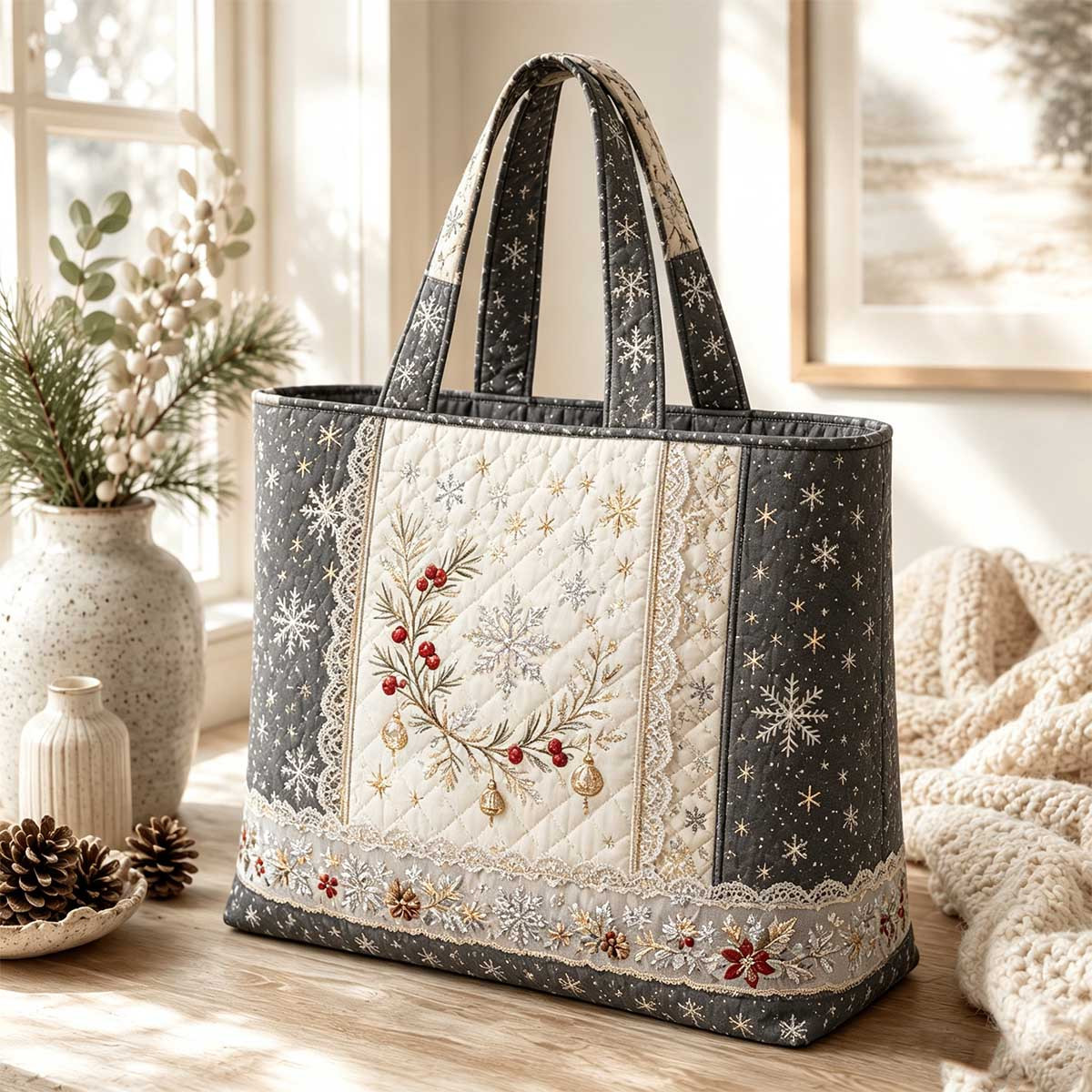 Image of Christmas Winter Quilted Tote Bag Retro Snowflake Daisy Pine Branch Lace Bell Large Capacity Handbag Reusable Shopping Bag For Women Season