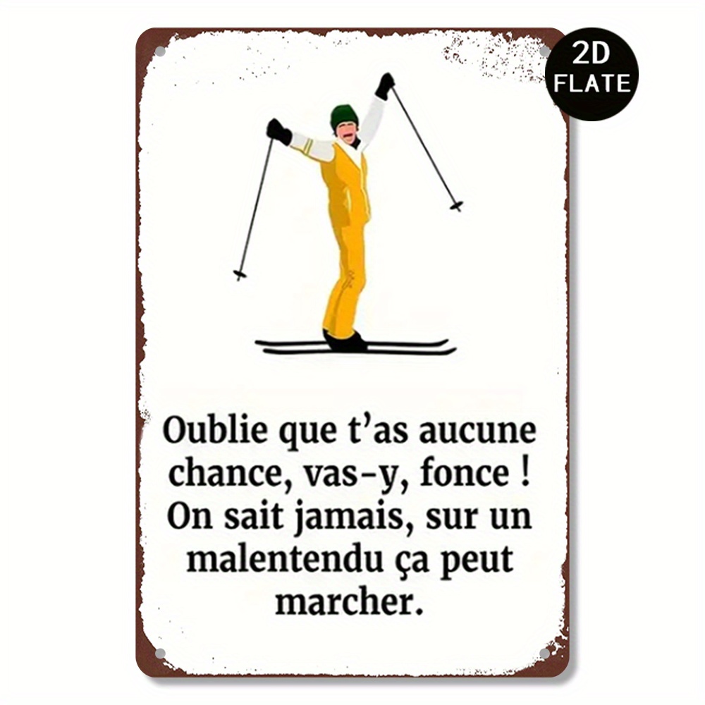 TEMU 2D Plat - 1pc Plaque Murale Métallique .32X30.48Cm - Illustration de Ski Rustique avec une Française, Décoration en Fer Robuste pour Bar, Café,