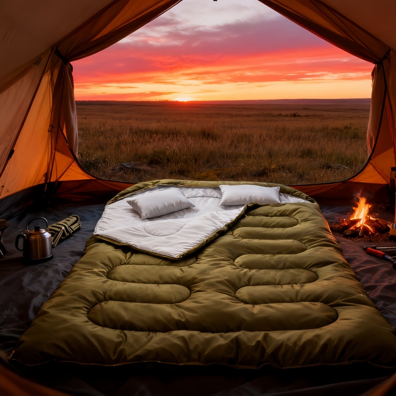 TEMU 1pc Winter Double Adult Camping Sleeping Bag With Pillow, Extra Large Thick Fluffy Design, Keeps Warm In Cold Outdoors