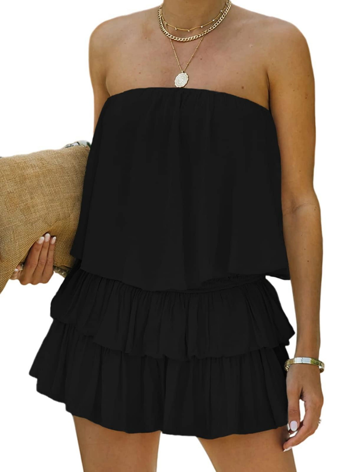green emerald velvet dress Flowy Sleeveless Romper Black Black / Small main image 1