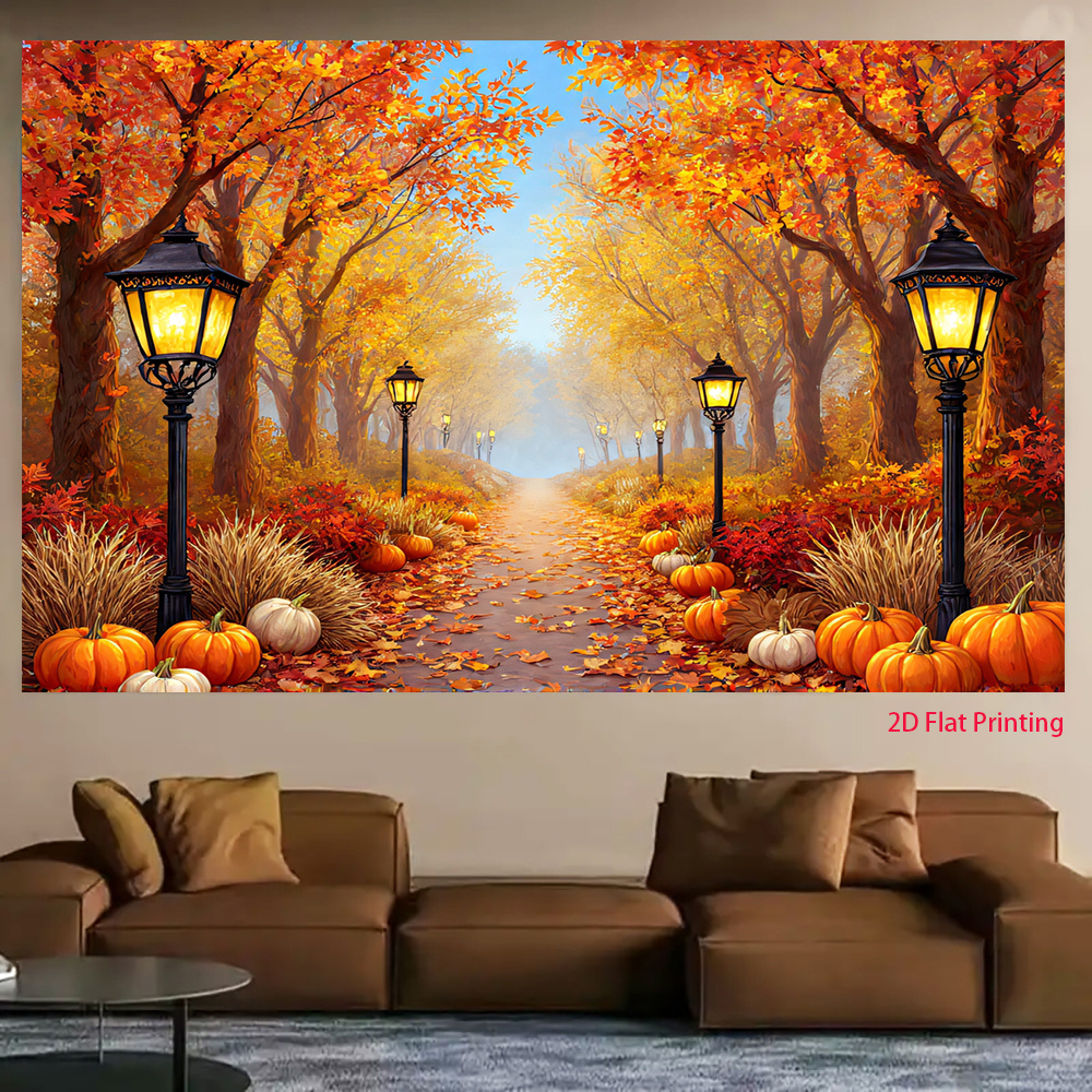 Autumn Forest Path Lantern and Pumpkin 2D Flat Banner, UV Printed Polyester Fabric
