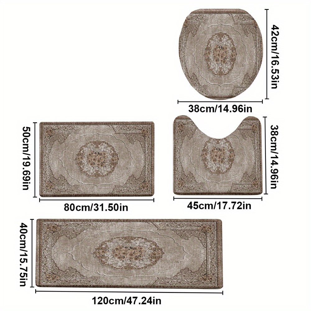 TEMU 4pcs/ Set European-style Brown Pattern Printed Bathroom Protective Mat Set, Non-slip Bathroom Mat, Flannel Bathroom Mat, Bathroom Floor Mat,