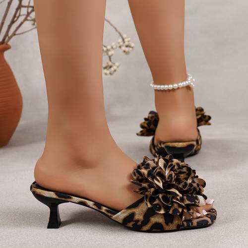 a pair of square toe stiletto sandals with three dimensional floral leopard print made of printed fabric designed for womens daily commuting and shopping outfits toe accommodates shapes dimensional floral