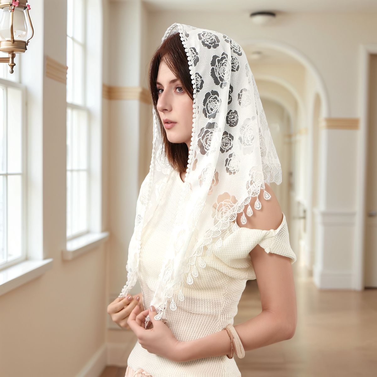 New Women's Rose Vintage Lace Embroidered Triangle Scarf, Comfortable Shawl