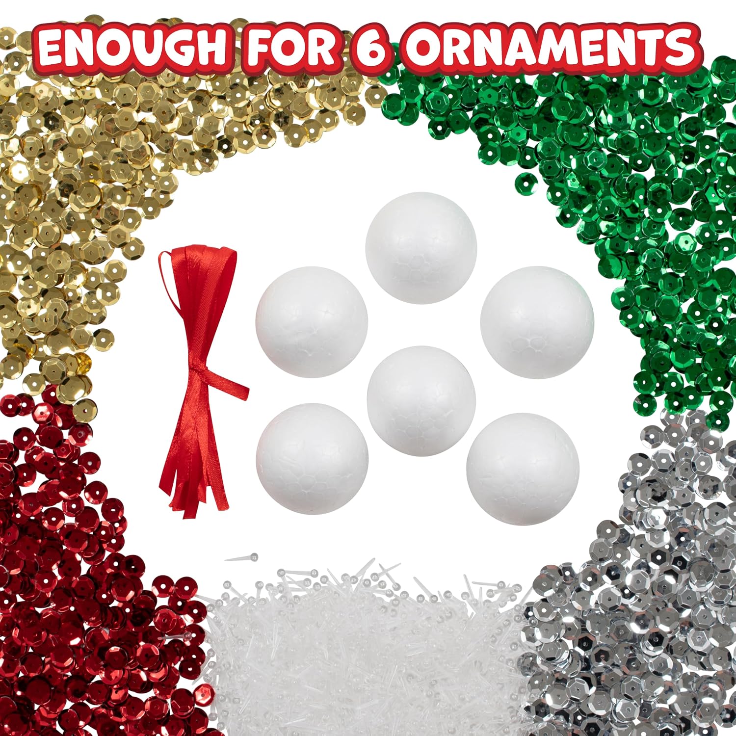 TEMU 1 Set 6cm Christmas Sequin Ball Pendant Drops And Finials Materials For 6 Ornaments Red Green Sequins With Foam Balls Ribbon Fastening Supplies