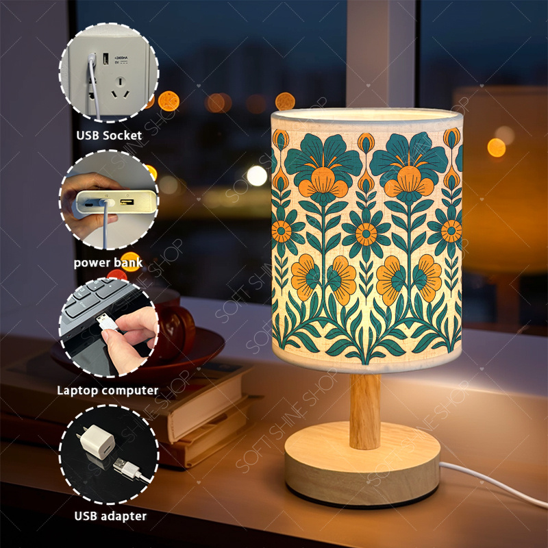 USB-Powered Print Table Lamp with Fabric Shade