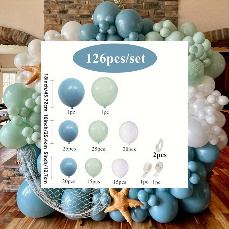 Image of 126pcs Blue Under The Sea Balloon Garland Arch Kit, Green Dusty Blue White Balloon For Shower Birthday Party Under The Sea Themed Party Decorations Supplies, For Halloween, Christmas