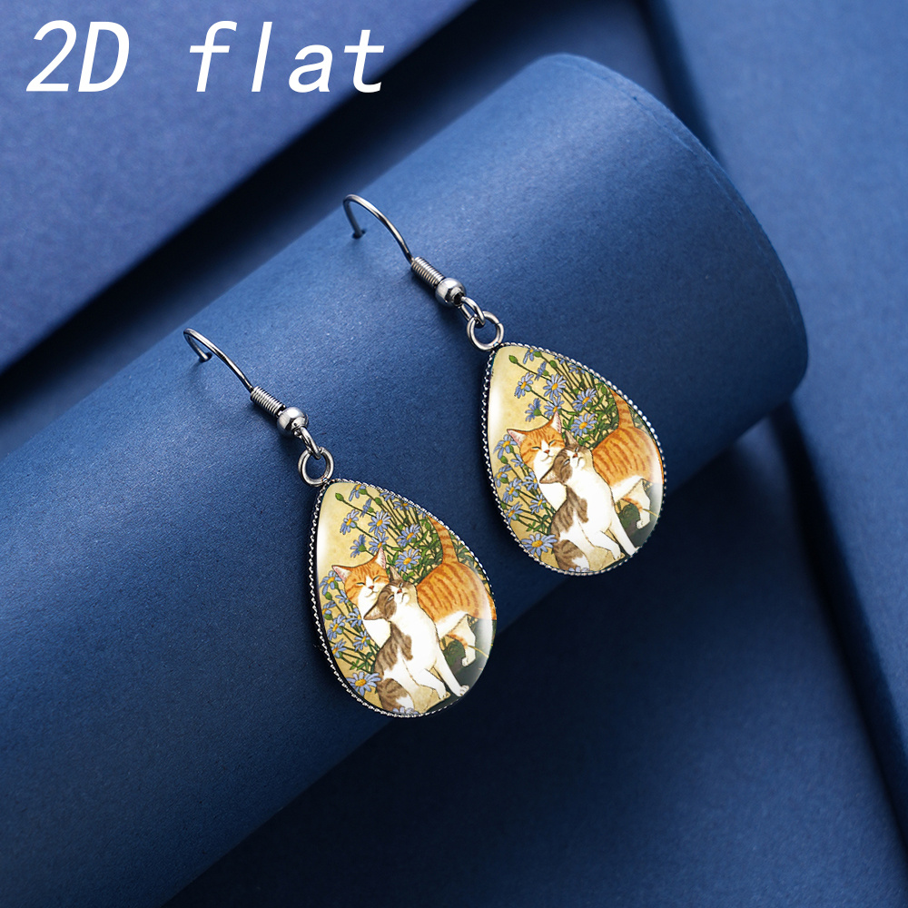 Women's Cute Cat Pattern Gem Glass Teardrop Earrings