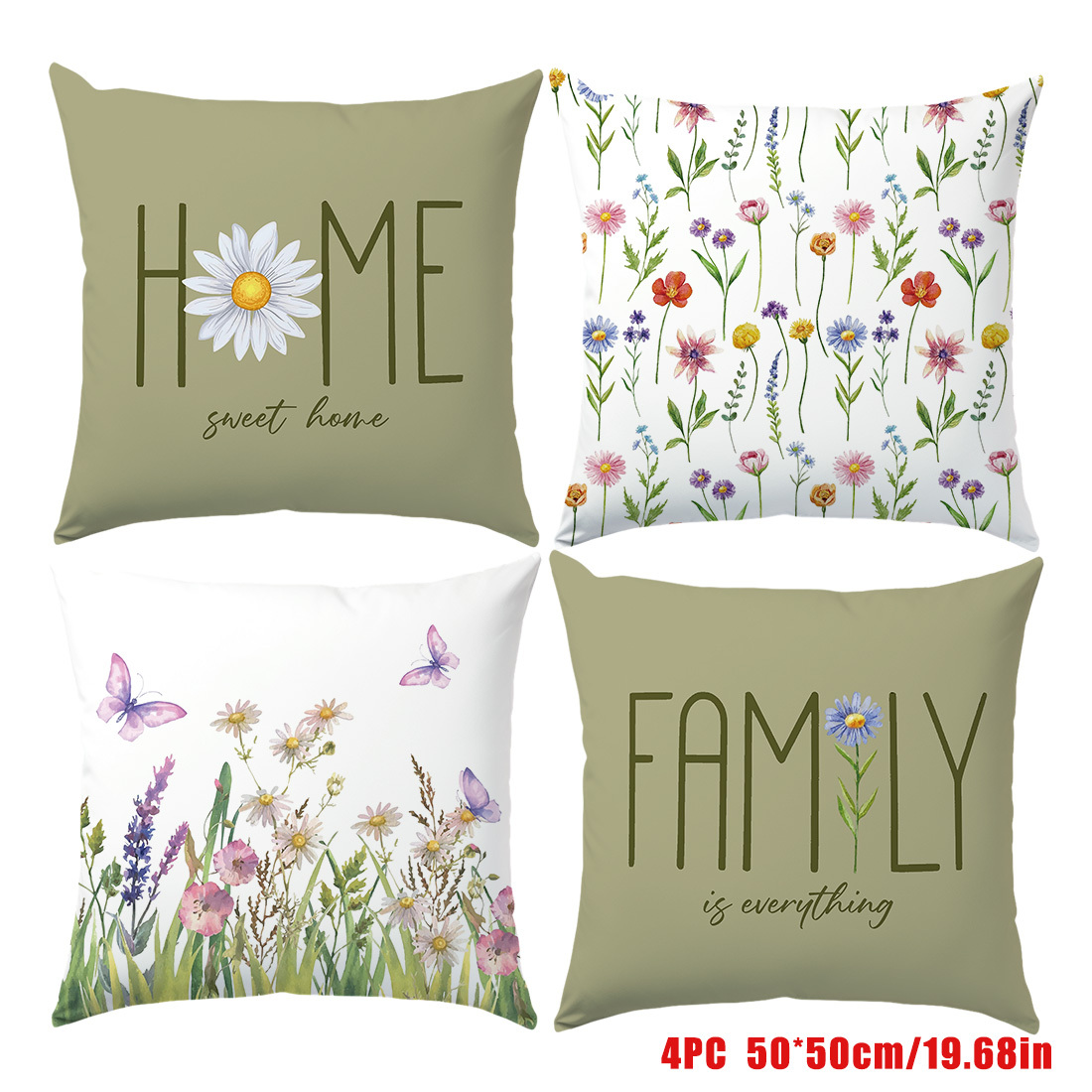 Image of 4pcs Spring Single-sided Printed Throw Pillow Covers | Watercolor Daisy Text, 17.7*17.7in, Suitable For Room, Bedroom, Outdoor Decor, Polyester, Machine Washable, Contemporary Style By Memnun