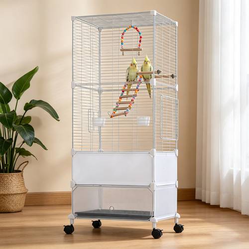 large white high density metal mesh bird cage suitable for budgies cockatiels hanging window design with sliding windows swing feeder and perches 44 inches by 18 inches by 14 inches detachable tray and swivel casters