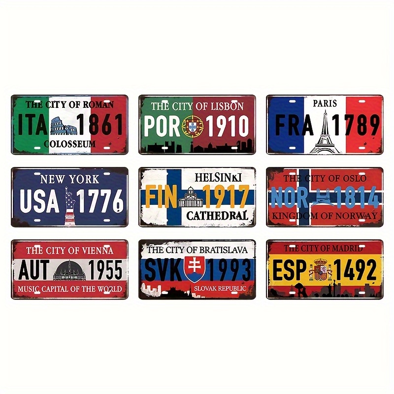 conjunto de 9 placas   de cidades do mundo em metal - decoração de parede retro, mostrando cidades famosas e   históricos, 6 polegadas x 12 polegadas, para casa, garagem ou escritório 0