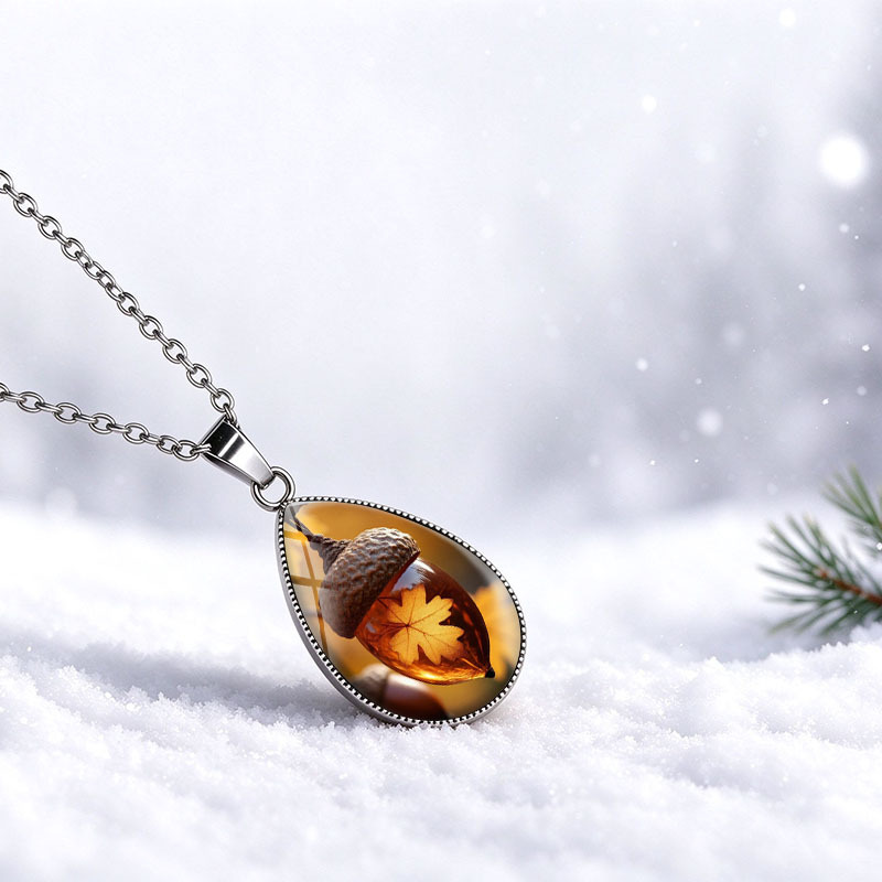 Unisex Acorn Leaf Tear Drop Necklace with Stainless Steel Chain