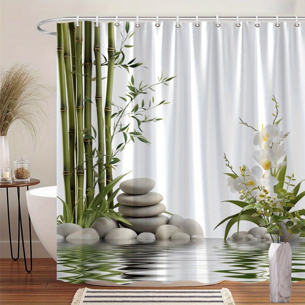 TEMU 1pc Bamboo & Orchid Shower Curtain - Tall Bamboo Stalks, White Orchids, Reflective Water & Pebbles Design, Durable Polyester Fabric, 70x70 Inch