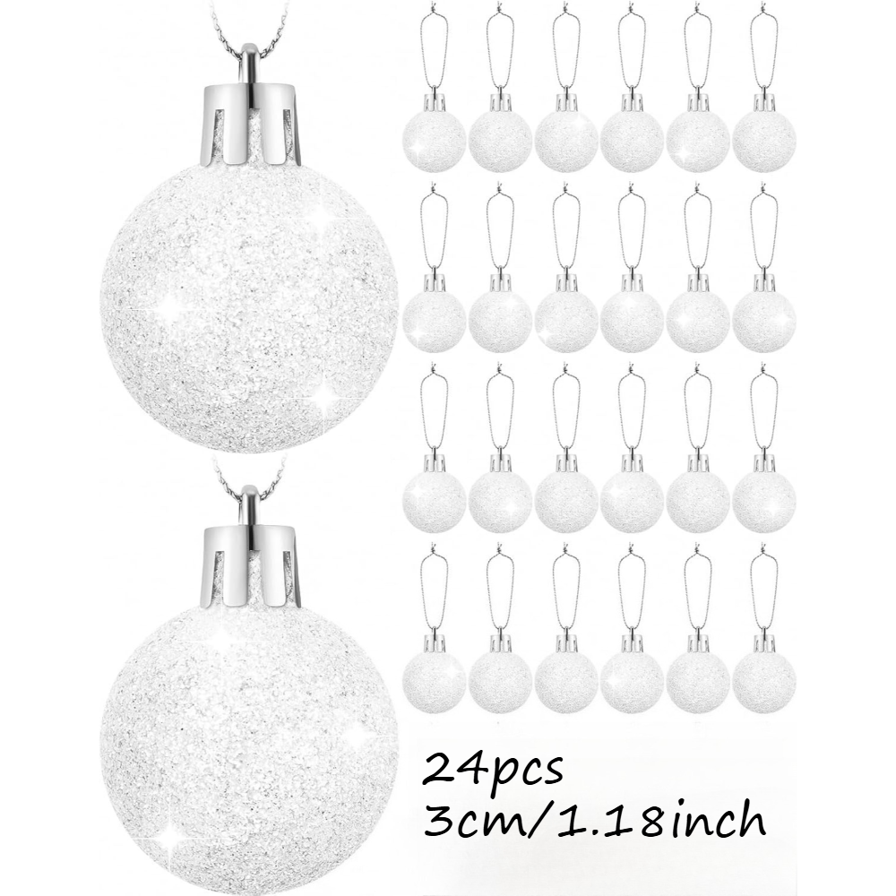 TEMU 24pcs, 3cm/1.18inch White Christmas Balls, Ornaments, Glittery Christmas Balls, Plastic Frosted Shiny Christmas Hanging Balls, Festive Trinkets