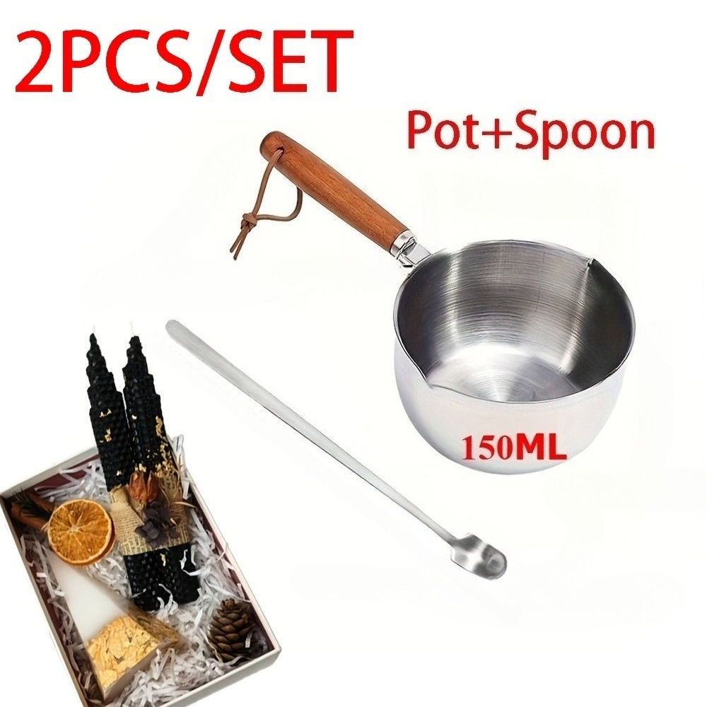 TEMU 2pcs Wooden Handle Melting Pots With Long Handle Stirring Spoon Thickened Handmade Wooden Handle Pot And Spoon Set Suitable For Candle Making