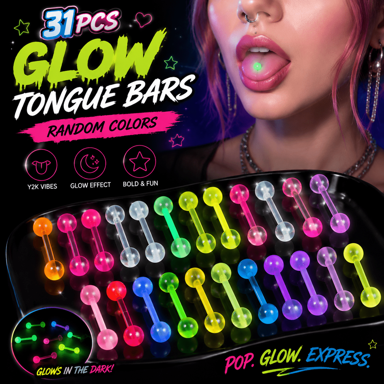31pcs -the-dark Tongue Ring Set Suitable For Parties, Raves & Daily Wear - Y2k Retro Body Jewelry Collection With Glow Effect, Random Color Tongue Piercing Rings For, Festivals, Concerts & Night Out