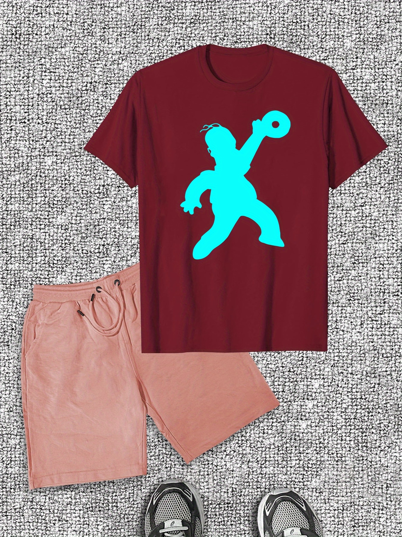 Men'S Casual Summer T-Shirt & Shorts Set, Cotton Crew Neck, Solid Color with Dynamic Cartoon Print, Slight Stretch Fabric, Regular Fit - Ideal for Casual Attir
