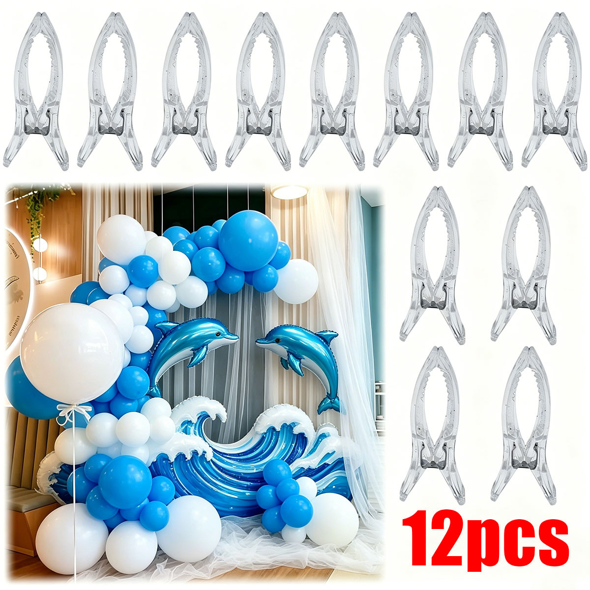 TEMU Lot de 12 pinces à ressort robustes en plastique transparent pour construction d' à ballons, décorations de fête d'anniversaire, toiles de fond