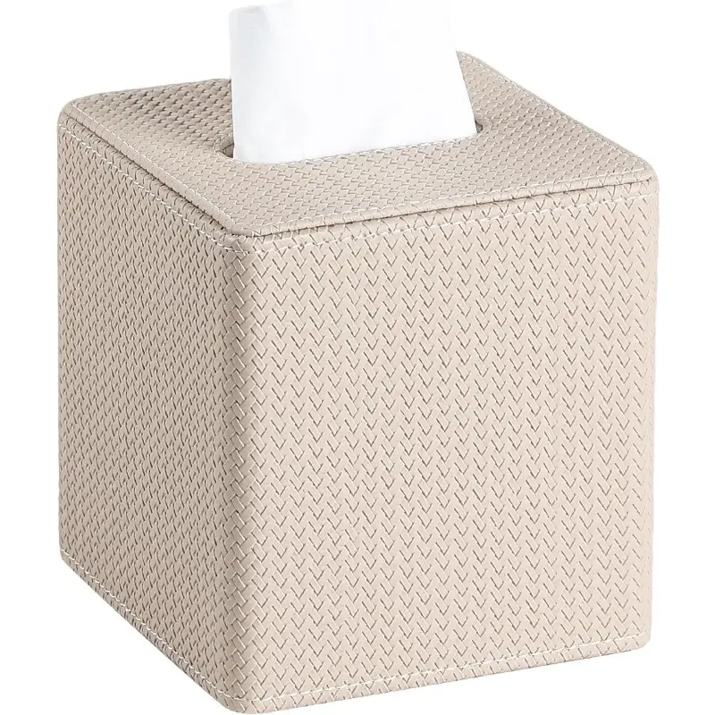 pu leather tissue box cover with magnetic closure - square woven texture design, dust-resistant cube holder for bathroom vanity, bedroom nightstand & office - fits standard tissues, decorative storage organizer (no clutter-free access) Product details 0