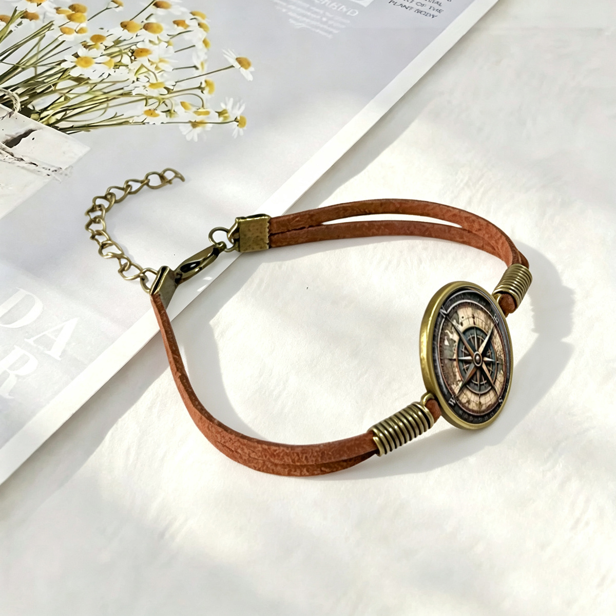 Vintage Nautical Compass Map Pattern Round Glass Bracelet