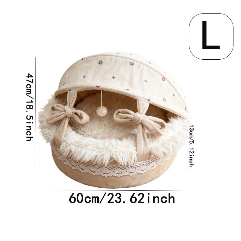 TEMU Panier semi-clos pour animaux de compagnie M/L - Panier lavable amovible en peluche pour chat et chien avec balle de jeu et nœud en ruban pour