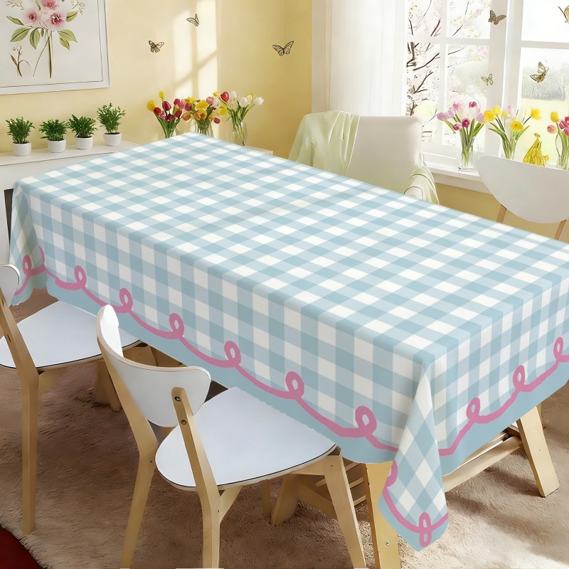 TEMU 1pc Light Blue And White With Pink Trim Printed Tablecloth, Decor, Spring Gift, Indoor/outdoor Use, Ideal For Holiday Parties, Home Decoration,