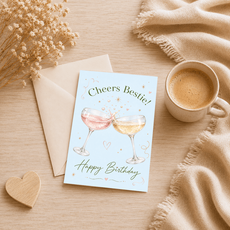 TEMU Your Bestie's Birthday With This Watercolor Card Featuring Glasses, Golden Stars, And — Perfect For A , Toast To Your Friend! 1pc + 1 Envelope