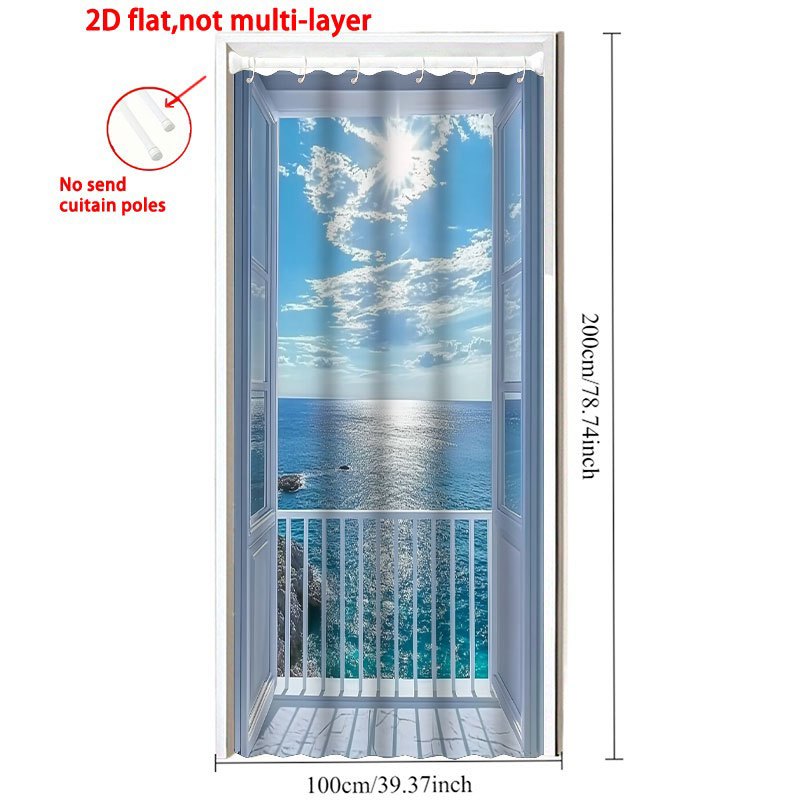 TEMU 1pc [Tapisserie de porte 2D à impression plate] Rideau de porte de balcon bleu turquoise - Un panneau de rideau de paysage marin turquoise 2D