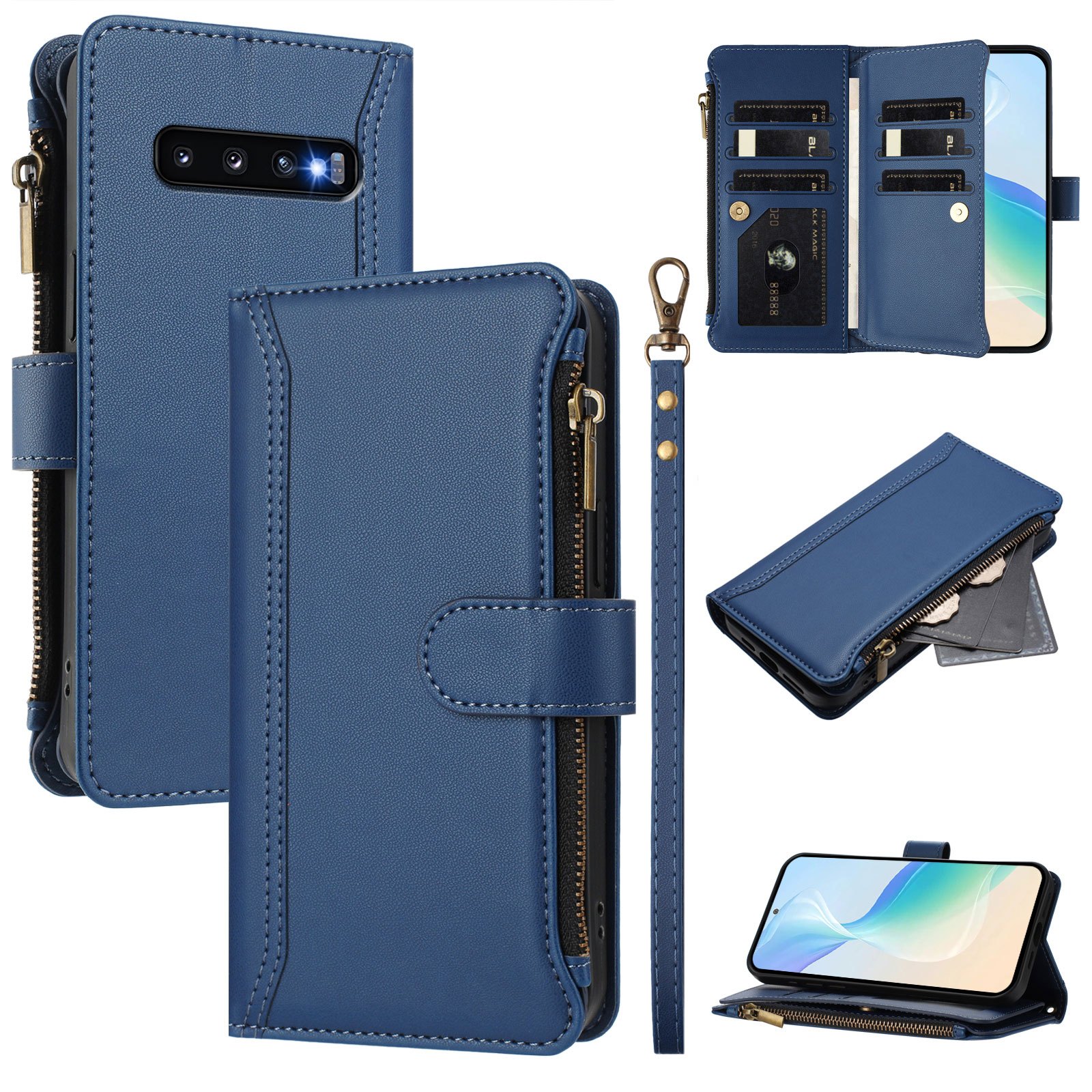 TEMU Phone Case - Pu Wallet Faux Leather Phone Case, 9-slot Solid Color Business Zip Bag Pt17, Stand Magnetic , With Anti-loss Hand Strap, Shockproof