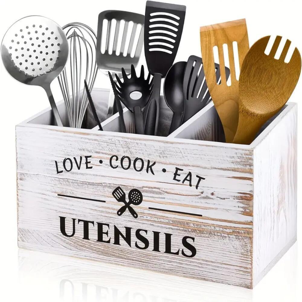 TEMU 1pc Cajas de almacenamiento de utensilios de madera multiusos, adecuadas para el almacenamiento de utensilios domésticos y la cocina,