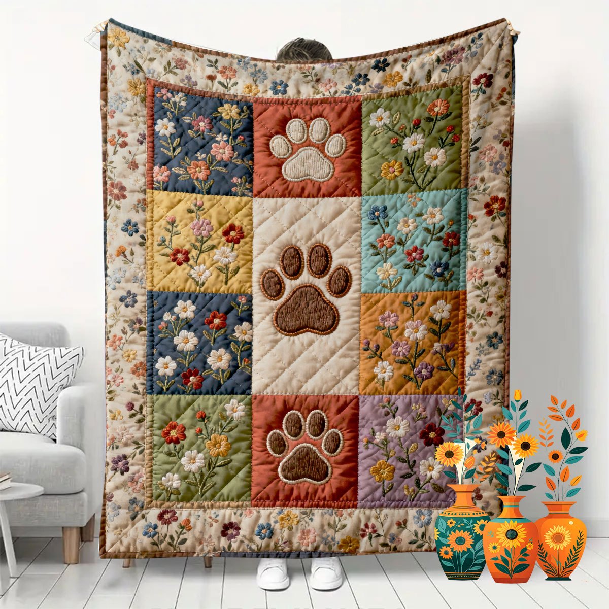 TEMU Vintage Floral Dog Paw Flat/2d Flannel Throw Blanket. Soft, Comfortable, And Warm. Suitable For Bedrooms, Living Rooms, And Sofas. A Home Decor
