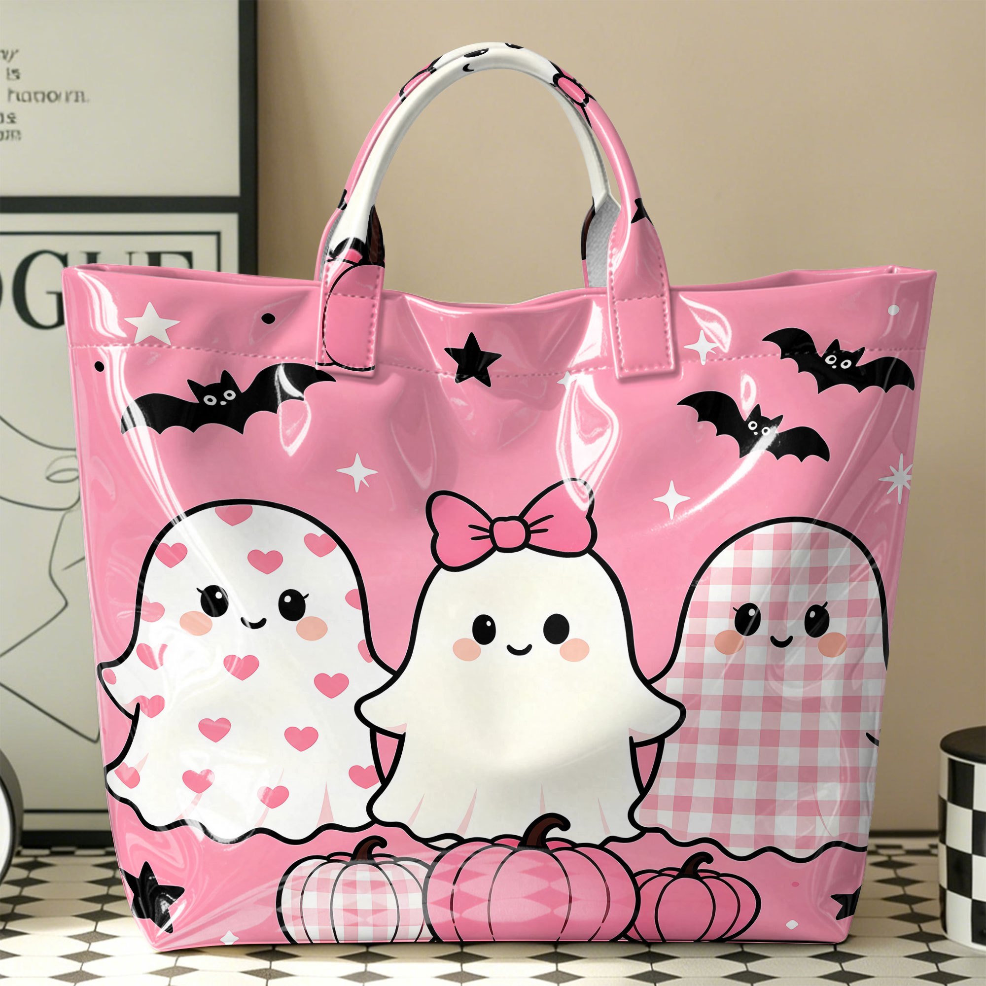 TEMU Cute Pumpkin Bat Candy Floral Print Tote Bag, Glossy Pvc Handbag, Reusable Shopping Bag, Kawaii Halloween Style Carryall For Trick-or-treat,