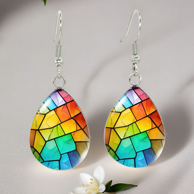 TEMU Bohemian Teardrop Earrings With Colorful Irregular Tile Pattern - Stainless Steel Hook Earrings For Casual Attire, Parties & Holiday Gifts -