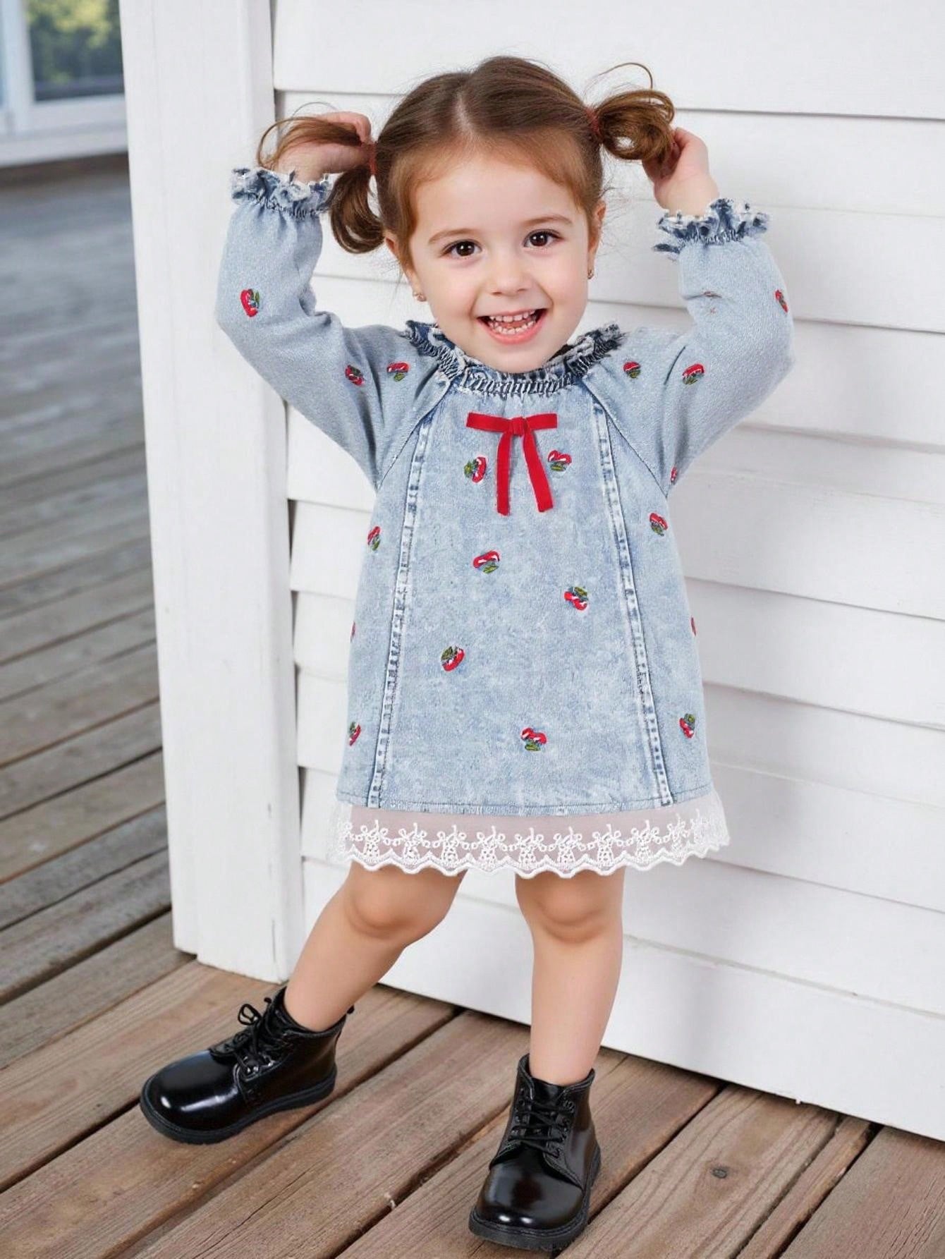 kids denim dress Girl's Button Up Tiered Denim Dress